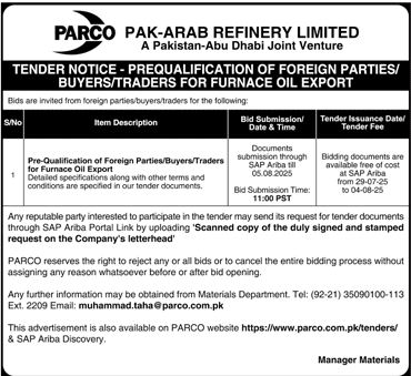 Pak Arab Refinery Limited Tender Notice